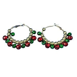 Christmas Bells Hoop Earrings Goldtone Red Green 2 inches